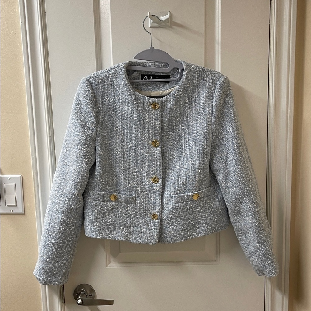 Zara Women's Soft Blue Tweed Blazer with Gold Buttons